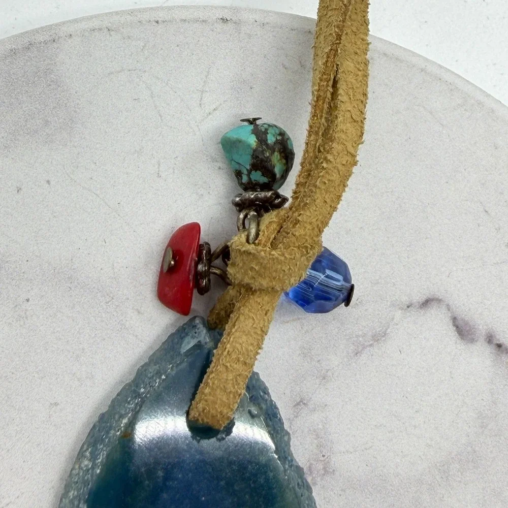 Blue Agate Slice Pendant Necklace Suede Cord Beaded Boho Statement Jewelry Gift